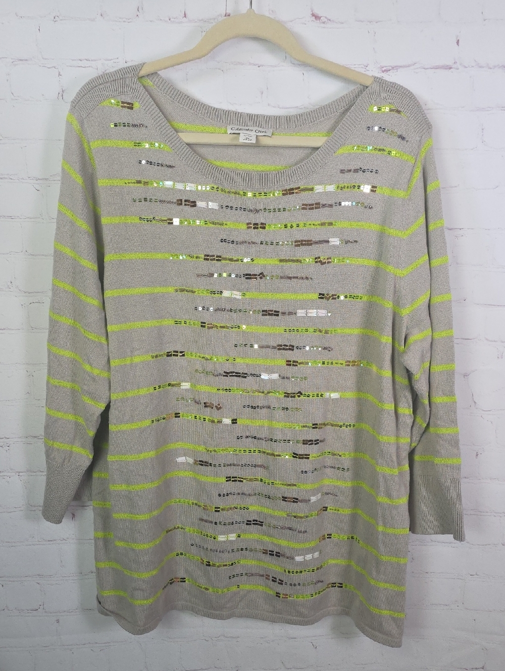 Coldwater Creek 2X Beige Sweater with Neon Yellow Stripes and Metallic Sequins